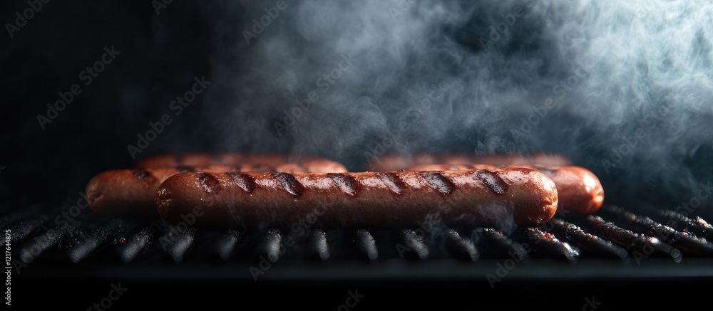 Poster grilled hotdogs and hamburgers generating smoke on bbq grill with empty space for text overlay in su