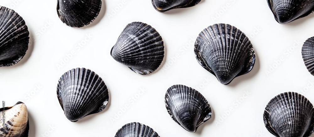 Poster black slate cockle shells arranged on white background with empty copyspace for text ideal for coast
