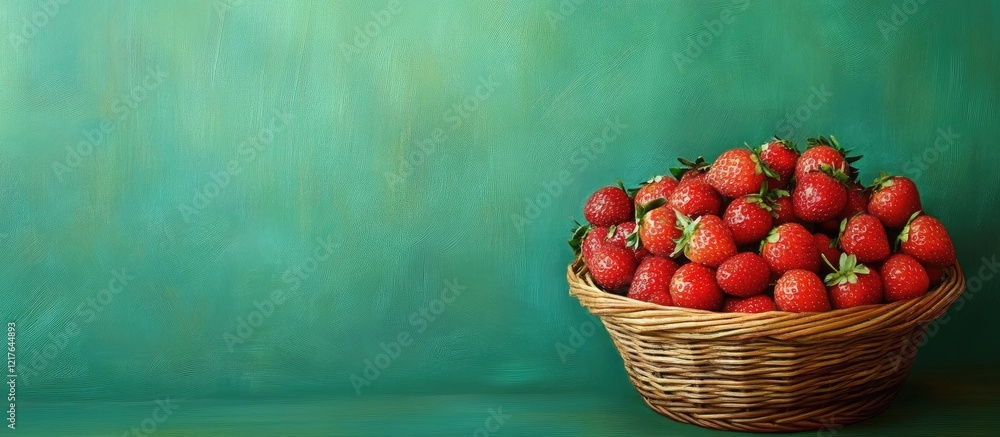 Poster basket of ripe strawberries on a vibrant green backdrop with ample empty space for text and design e
