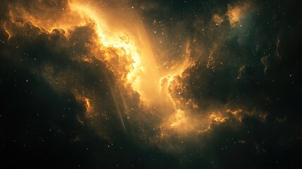 Fototapeta premium Colorful cosmic nebula with bright light rays and scattered stars on a dark background, suitable for astronomical themes, Copy Space.