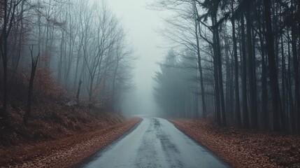 Obraz premium Foggy rural road winding through dense forest with leaf-covered ground and heavy mist in autumn setting Copy Space