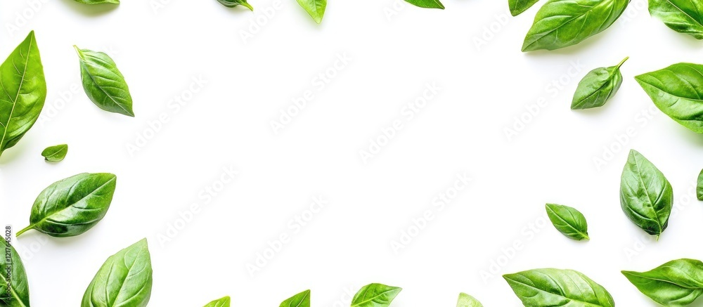 Aufkleber fresh basil leaves top view isolated on white background with empty space for text perfect for culin