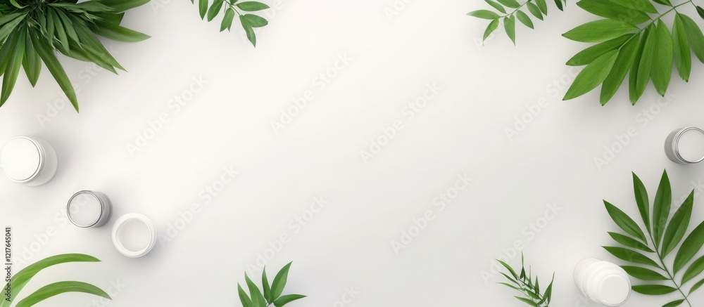 Poster green leaves and jars on a white background with copy space for text placement