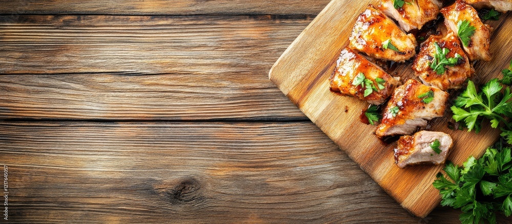 Poster bbq pork ribs garnished with fresh parsley on rustic wooden board with blank copy space for text and