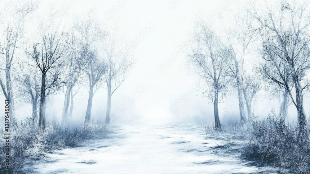 Poster misty forest landscape with bare trees and soft light creating a calm atmosphere copy space