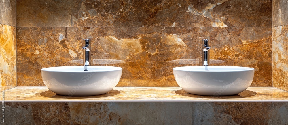 Poster elegant bathroom featuring marble top vanities and dual sinks with spacious copyspace ideal for text