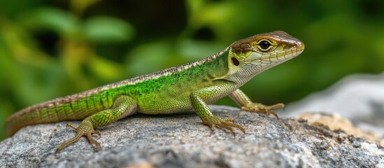 Fototapeta premium Vibrant Green Lizard Close-Up in Natural Habitat Showcasing Macro Wildlife and Endangered Species with Text Space for Educational Use