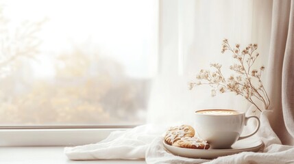 Cozy morning scene with a cup of coffee, cookies, and dried flowers near a window with soft natural light Copy Space