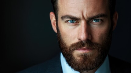 Obraz premium Confident businessman with a well-groomed beard against a dark background showcasing determination and professionalism in a studio setting
