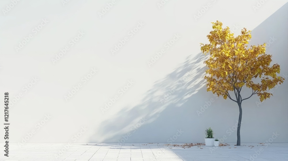 Poster isolated tree with autumn foliage in a minimalist space with textured wall and shadows copy space
