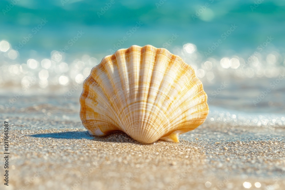 Poster seashell resting on sandy beach with gentle waves in the background during a sunny day