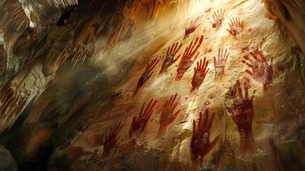 Ancient hand prints on a cave wall illuminated by soft, warm light.