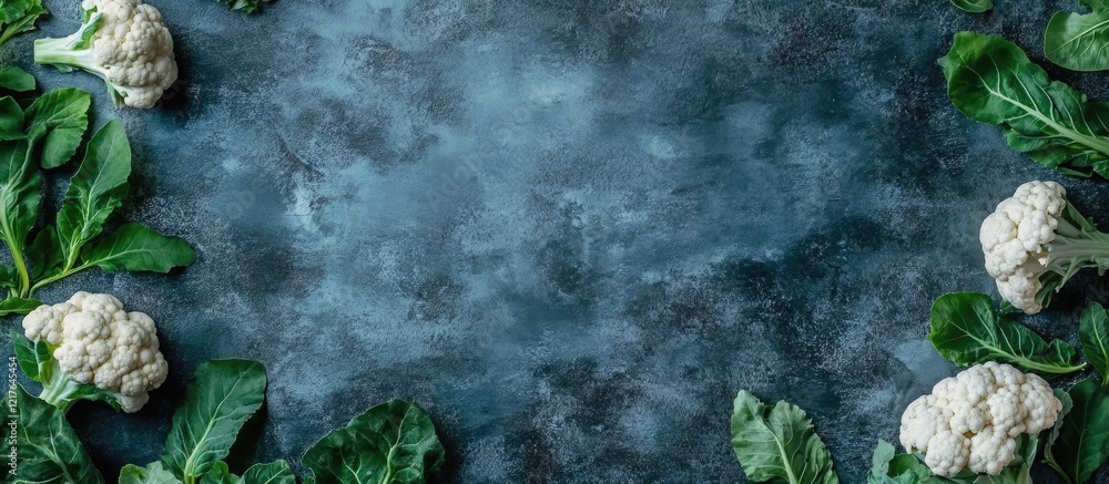 Poster fresh cauliflower and spinach leaves arranged on dark textured background with copy space for text.