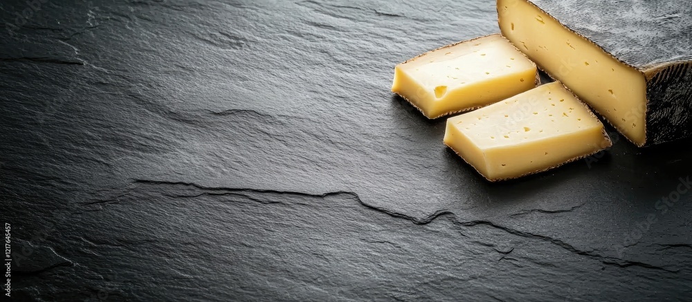 Poster black raclette and comte cheese on slate background with empty space for text for gourmet food adver