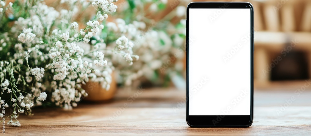 Aufkleber black smartphone mockup on wooden table surrounded by flowers with empty screen space for text and c