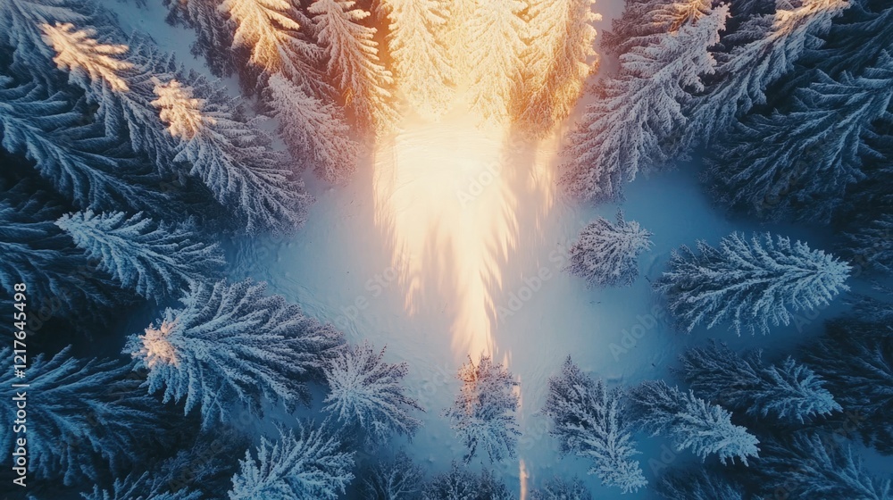 Poster aerial view of snowy forest with illuminated trees and fiery colors creating dramatic contrast and s