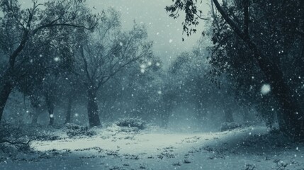 Obraz premium Snowy forest landscape with trees in winter during snowfall featuring Copy Space for text placement.