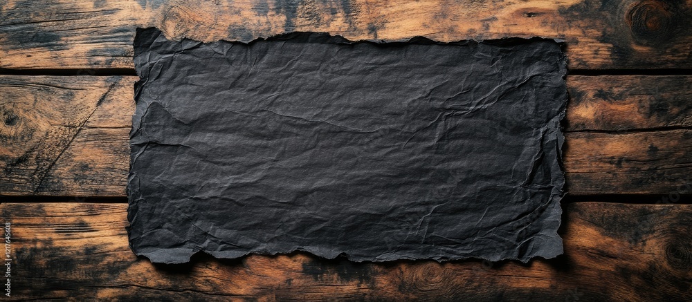 Poster black textured paper on rustic wooden background with ample space for customizable text or creative 