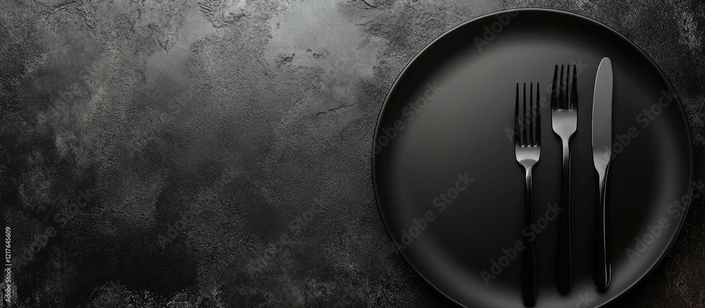Poster elegant black plate with cutlery on dark countertop providing ample copyspace for text and design el