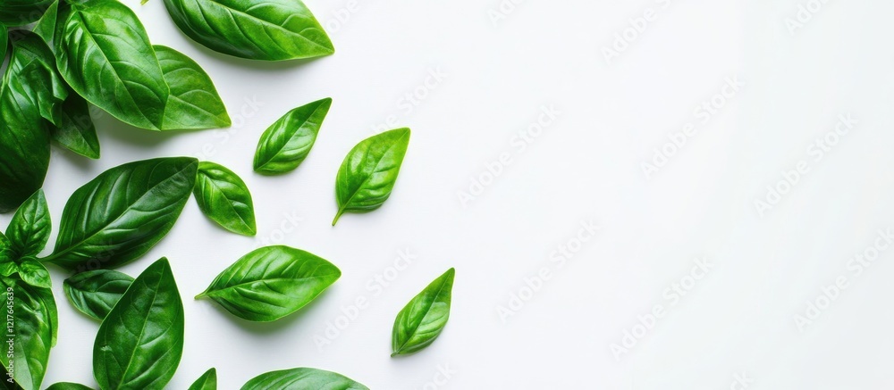 Poster fresh basil leaves in lush green hues arranged on a clean white background with ample space for text