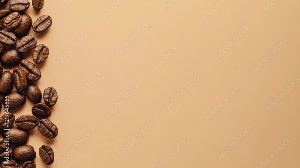 Poster coffee beans scattered on a light brown background with copy space for text or graphics