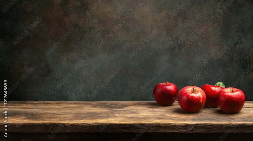Poster fresh red apples on a rustic wooden table with textured dark background and copy space for text.