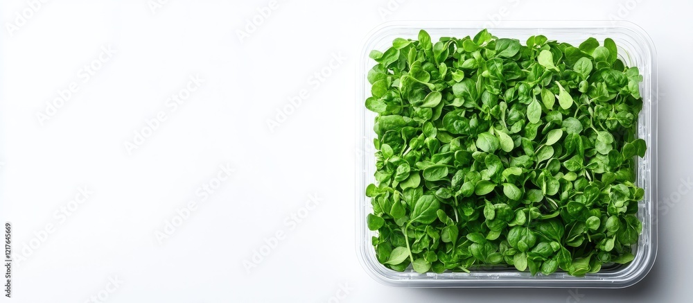 Poster basil microgreens in clear plastic container isolated on white background with blank space for text 