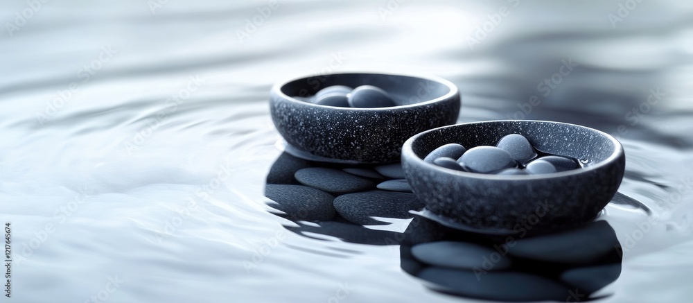 Poster serene black pebbles and stone bowls floating on water with tranquil reflections and ample copyspace