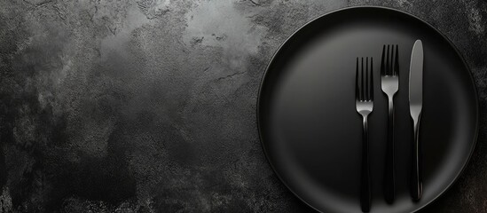 Elegant black plate with cutlery on dark countertop providing ample copyspace for text and design elements in a sophisticated dining setting