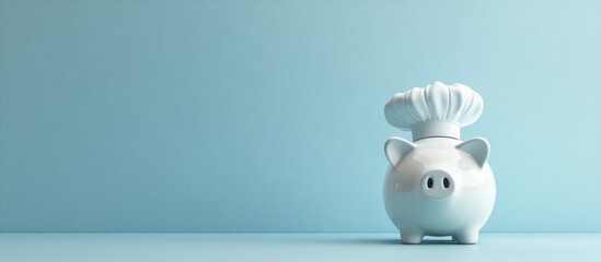 White ceramic piggy bank wearing a chef hat on a light blue background with copy space for financial or culinary themes