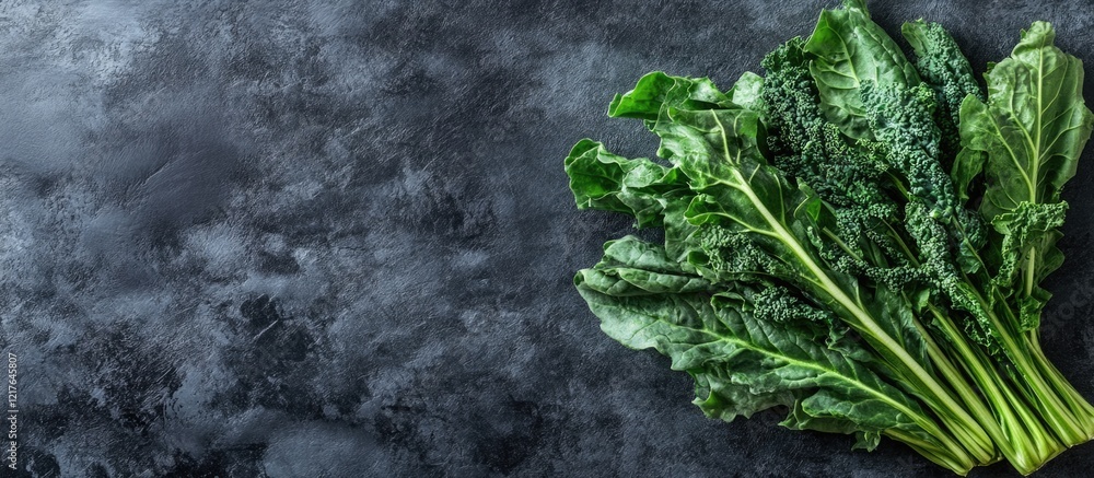 Poster fresh green kale leaves on dark textured background with ample copy space for text placement.