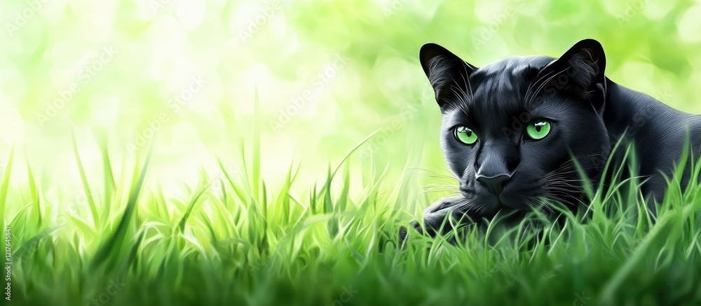 Poster black panther resting in lush green grass with ample copyspace for design and text elements in a ser