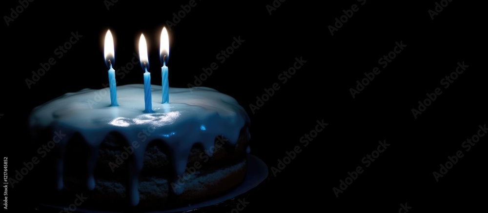 Poster birthday cake with blue icing and three lit candles on a dark background featuring empty space for p