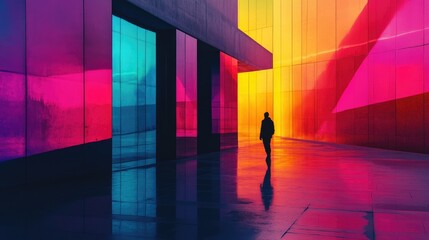 Colorful abstract urban architecture with reflections on wet pavement and a silhouette of a person walking, Copy Space available.