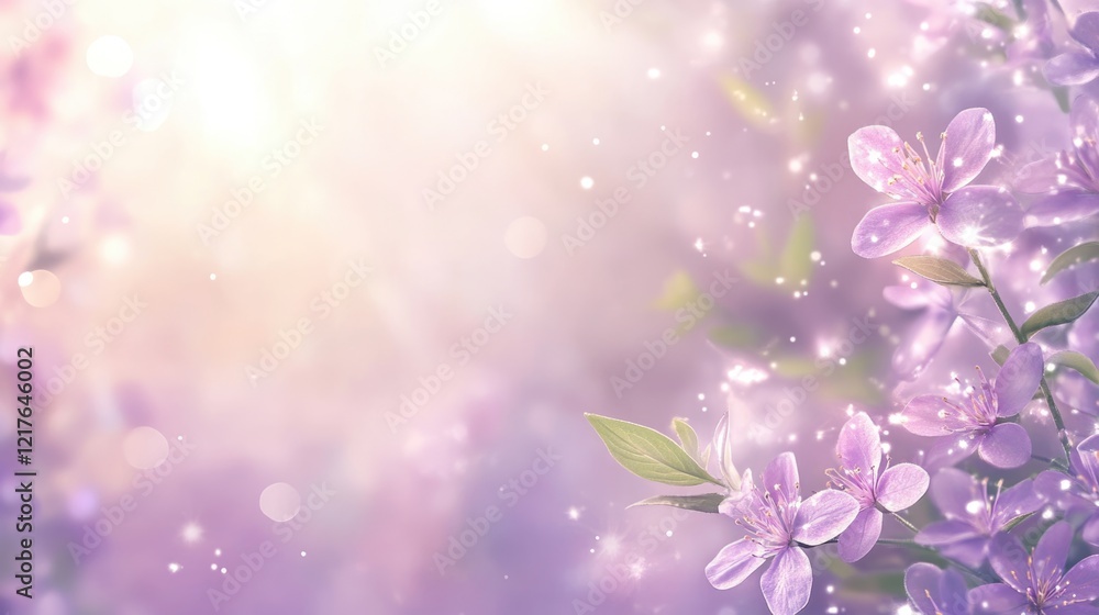 Poster soft bokeh backdrop with blooming purple flowers capturing the essence of spring, featuring ample co
