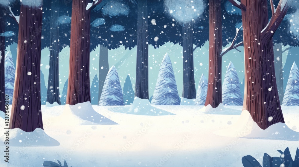 Poster winter landscape with snow-covered trees and pine trees in a serene forest setting with copy space f
