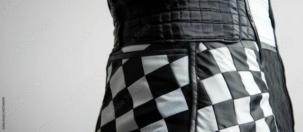 Poster black racing silks with a checkered pattern on white background featuring ample copyspace for person