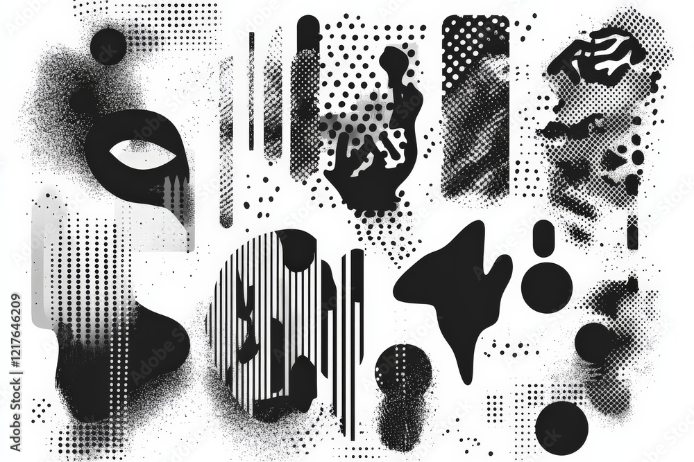 Poster abstract black and white design featuring various shapes and textures with a modern artistic touch
