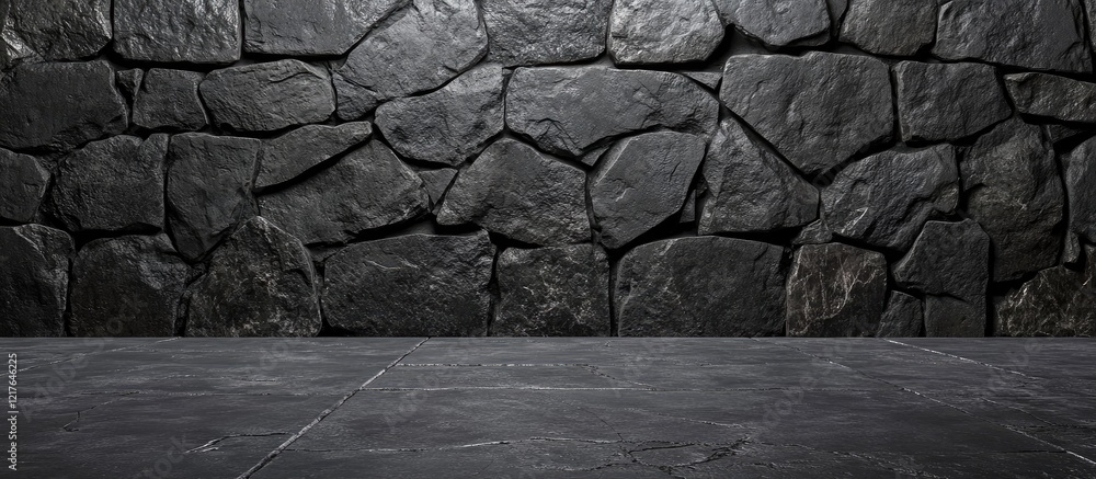 Poster black stone wall and concrete floor in a basement featuring ample empty copyspace for text and desig