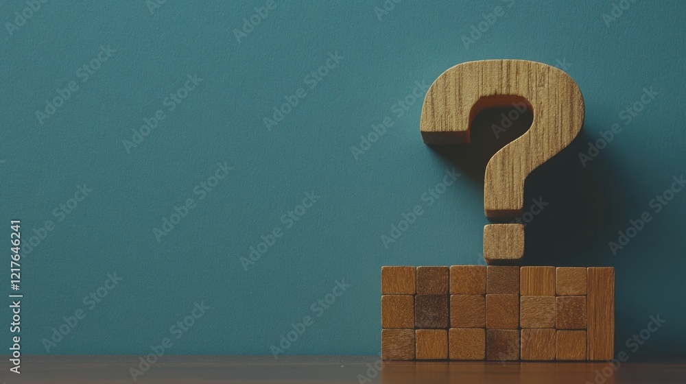 Aufkleber wooden question mark symbol on a wooden block base against a teal background with ample copy space f