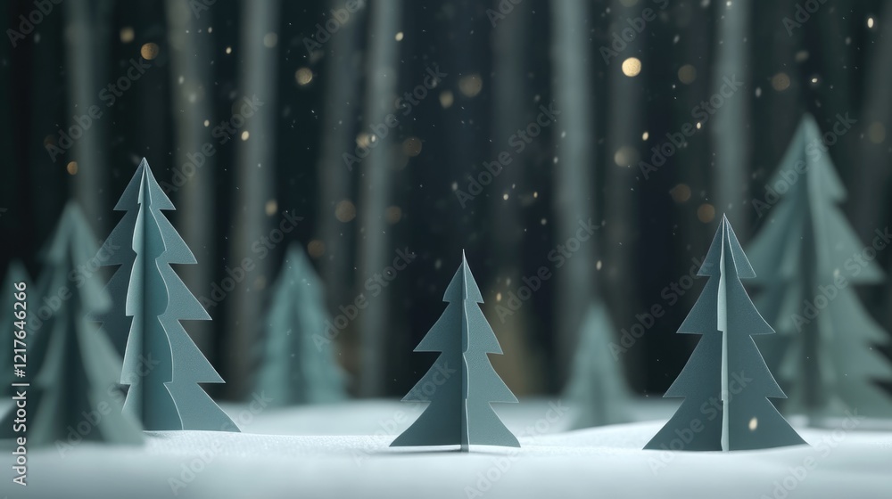 Poster paper tree forest with snow and falling snowflakes in a dark background with bokeh lights and copy s