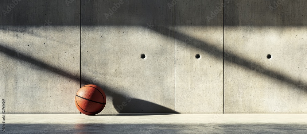 Poster basketball on concrete floor with shadow play and empty space for creative text overlay