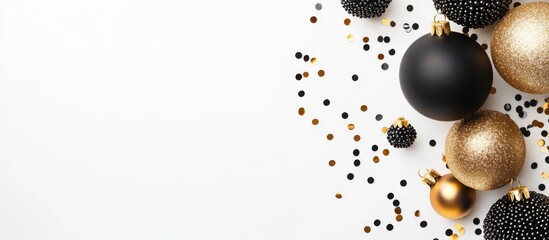 Fototapeta premium Elegant Gold and Black Christmas Ornaments with Confetti on White Background Modern Holiday Decoration with Empty Copy Space for Text