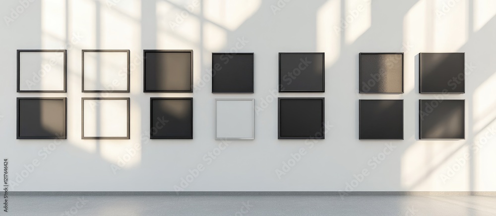 Poster framed black and white poster collection on bright wall with ample empty space for customizable text