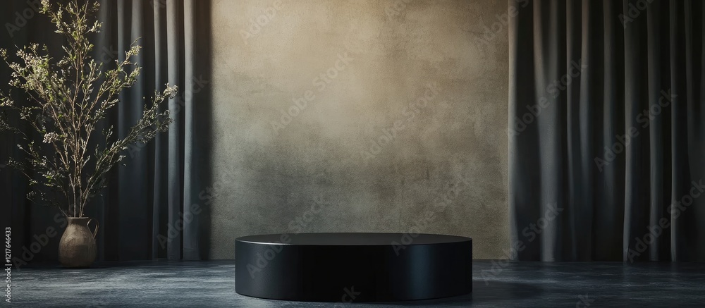 Poster elegant black podium on dark stage with soft gray backdrop and ample copyspace for text or presentat