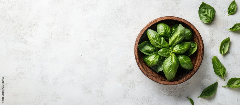 Poster fresh basil leaves in a rustic wooden bowl on a light textured surface with ample space for adding y