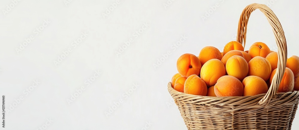 Poster basket of ripe golden apricots with empty space for text on a light background ideal for advertising