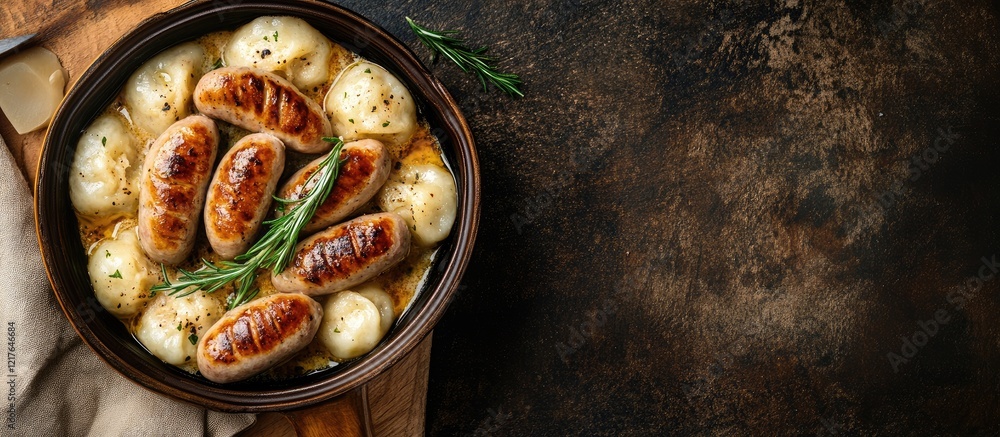 Aufkleber bavarian weisswurst and bread dumplings in a rustic bowl with copyspace for text