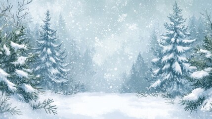 Obraz premium Winter snow-covered forest landscape with evergreen trees and snowfall Copy Space