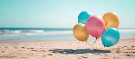 Colorful Balloons on Sandy Beach Creating a Cheerful Vacation Vibe with Expansive Copyspace for Text in a Bright Ocean Setting